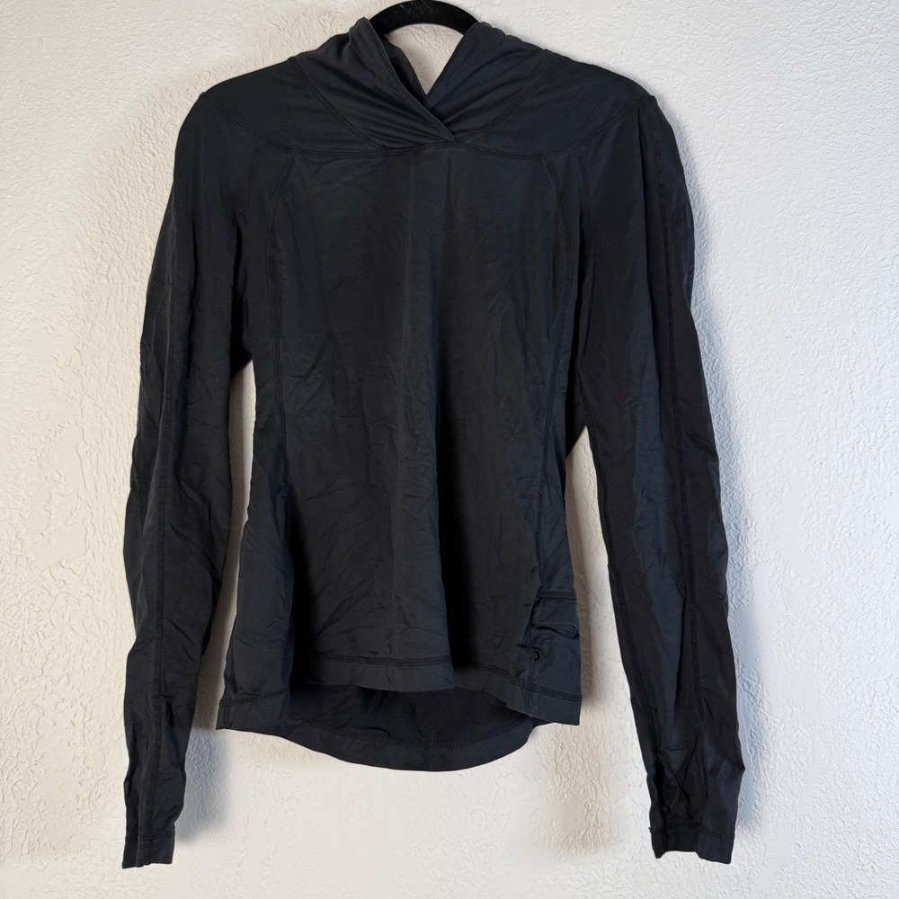 Lululemon Women M Black Long Sleeve Hooded Running Top with Thumbholes Slim‎ Fit
